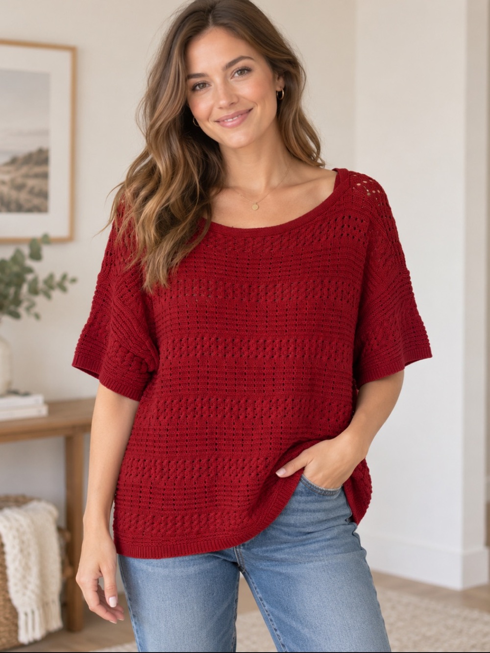 Talbots 100% Cotton Textured Cable Knit Short Sleeve Pullover Sweater Red 2X